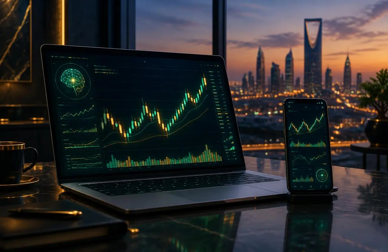 لوحة تحكم Norden Core trading platform تعرض رسوماً بيانية للتداول بالذكاء الاصطناعي مع أفق الرياض
