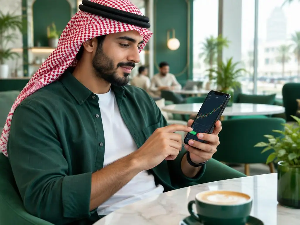متداول سعودي يستخدم تطبيق Norden Core trading app على جواله في مقهى بالرياض